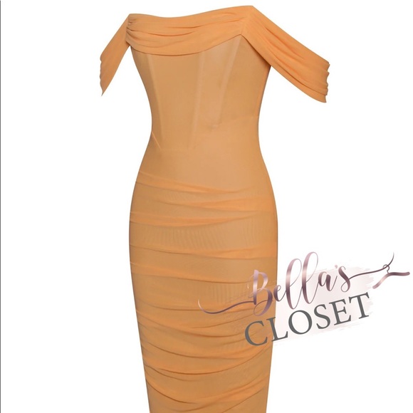 Miss Circle Weslee Orange Off Shoulder Mesh Corset Dress - Picture 4 of 5